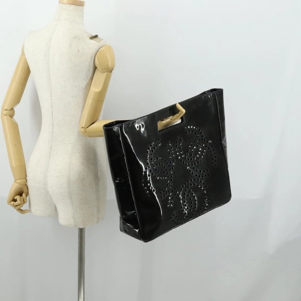 CHANEL Punching Triple Coco Hand Bag Enamel Black CC Auth bs31397